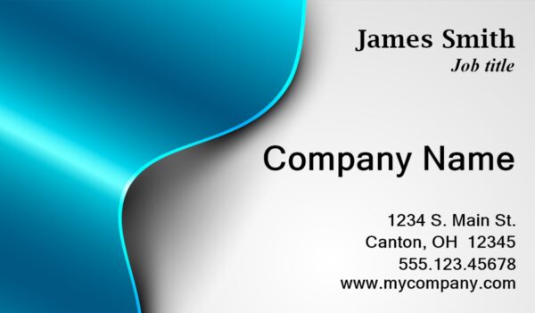A business card with blue and white background