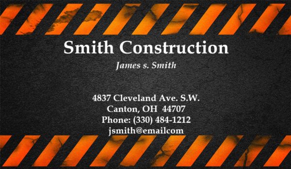 A construction business card with orange and black stripes.