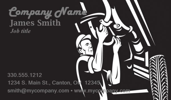 A black and white business card of a man working on a car.