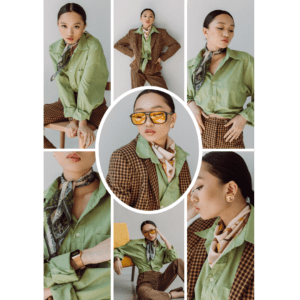 A collage of women wearing green and brown clothes.