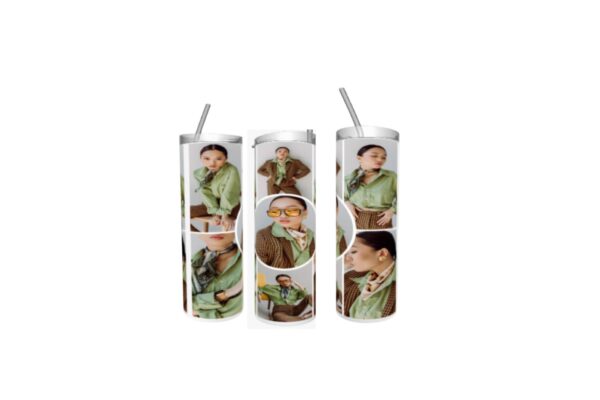 A group of four cups with pictures on them.